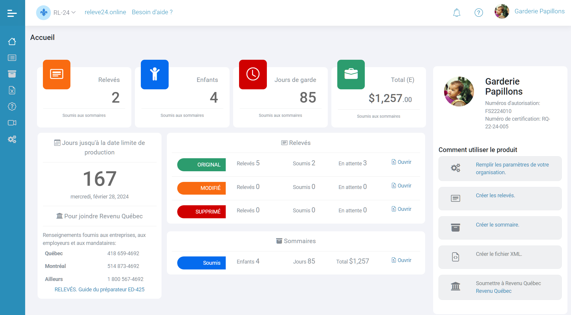 Updated dashboard for the Relevés 24 EN LIGNE App